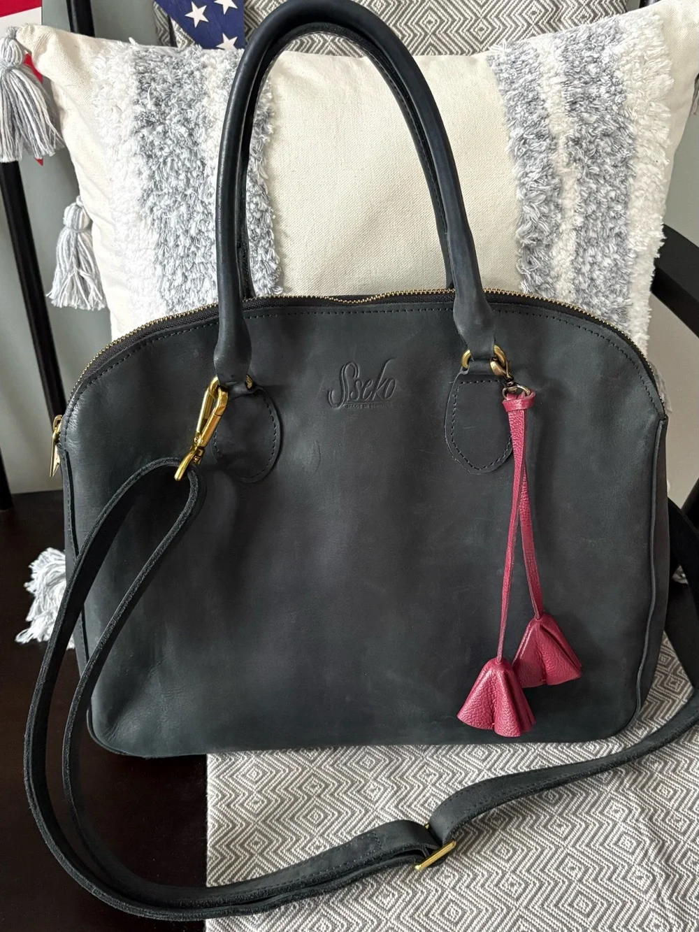 Sseko Black Leather Satchel with burgundy Tassel Charm